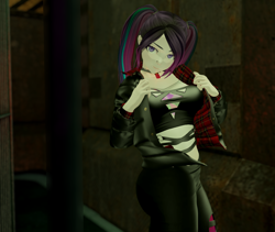 Size: 1200x1011 | Tagged: safe, artist:aelias, imported from derpibooru, aria blaze, human, equestria girls, 3d, alley, clothes, curvy, jacket, leather pants, pants, second life