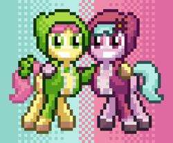 Size: 456x376 | Tagged: safe, artist:nitobit, imported from derpibooru, earth pony, pony, bow, clothes, dahlia, female, flower, flower in hair, g5, gradient background, hoodie, hug, mare, pixel art, posey bloom, side hug, smiling, tail, tail bow