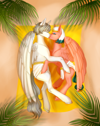 Size: 2164x2700 | Tagged: artist needed, source needed, safe, imported from derpibooru, somnambula, oc, oc:light knight, pegasus, clothes, desert, egyptian, egyptian pony, kissing, loincloth, makeup, palm tree, pegasus oc, skirt, tree