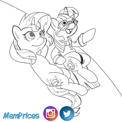 Size: 2812x2812 | Tagged: safe, artist:memprices, imported from derpibooru, moondancer, sunset shimmer, pony, unicorn, clothes, glasses, leaning back, looking up, open mouth, open smile, pencil drawing, pointing, simple background, sketch, smiling, social media, sweater, traditional art, white background, wip