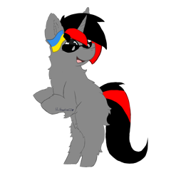Size: 1280x1332 | Tagged: safe, artist:lil_vampirecj, imported from derpibooru, oc, oc only, oc:fluff, pony, unicorn, black and red mane, black and red tail, chest fluff, commission, ear fluff, flag, fluffy, gray coat, open mouth, simple background, smiling, solo, standing, standing on two hooves, sunglasses, transparent background, ukraine, ukraine flag, unshorn fetlocks, ych example, ych result, your character here