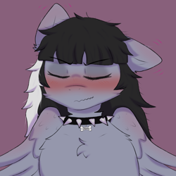 Size: 960x960 | Tagged: safe, artist:korpsegutz, imported from derpibooru, oc, oc only, oc:korpse, pegasus, pony, angry, blushing, chest fluff, choker, dog tags, eyes closed, multicolored hair, one ear down, shy, solo, spiked choker, spread wings, wings