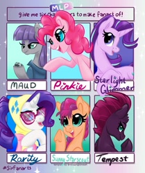 Size: 754x900 | Tagged: safe, artist:jen-neigh, imported from derpibooru, maud pie, pinkie pie, rarity, starlight glimmer, sunny starscout, tempest shadow, earth pony, pony, unicorn, six fanarts, broken horn, g4, g5, horn, simple background