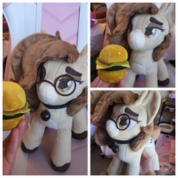 Size: 2048x2048 | Tagged: safe, artist:vintyri, imported from derpibooru, oc, oc only, oc:pencil test, earth pony, pony, bell, burger, chair, choker, collar, colored hooves, earth pony oc, female, food, glasses, irl, lidded eyes, photo, plushie, solo focus, thick eyebrows