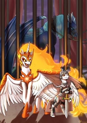 Size: 1527x2160 | Tagged: safe, artist:rinkamo, imported from derpibooru, daybreaker, oc, oc:light knight, alicorn, demon, demon pony, dragon, pegasus, armor, bridle, cage, collar, jail, knight, lead, reins, shackles, sword, tack, weapon