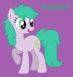 Size: 939x991 | Tagged: safe, artist:jigglewiggleinthepigglywiggle, imported from derpibooru, seashell (g1), earth pony, pony, aqua eyes, coat markings, cute, female, full body, g1, g1 adorashell, g1 to g4, g4, generation leap, green hair, green mane, green tail, green text, hooves, mare, open mouth, open smile, purple background, raised hoof, raised leg, show accurate, simple background, smiling, solo, standing, tail, text