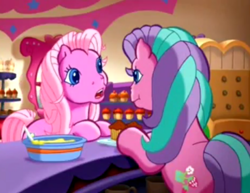 Size: 493x380 | Tagged: safe, imported from derpibooru, screencap, pinkie pie (g3), sweetberry, earth pony, pony, a very pony place, positively pink, cupcake, female, food, frosting, frown, g3, mare, open mouth, sweet shoppe, youtube link