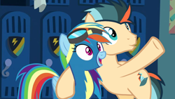 Size: 748x421 | Tagged: safe, edit, edited screencap, imported from derpibooru, screencap, rainbow dash, oc, oc:turbo swifter, pegasus, pony, wonderbolts academy, canon x oc, character swap, clothes, female, goggles, male, mare, shipping, stallion, straight, turbodash, uniform, wonderbolts uniform, x x everywhere