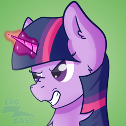 Size: 1000x1000 | Tagged: safe, artist:exobass, imported from derpibooru, twilight sparkle, pony, angry, bust, expression, glowing, glowing horn, gritted teeth, horn, magic, solo, teeth