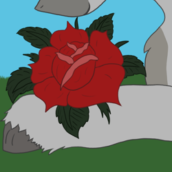 Size: 1024x1024 | Tagged: safe, artist:lil_vampirecj, imported from derpibooru, oc, oc only, oc:cj vampire, earth pony, pony, colored, flat colors, flower, grass, grass field, looking at rose, lying down, rose, solo