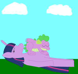 Size: 1552x1465 | Tagged: safe, artist:eli-j-brony, imported from derpibooru, spike, twilight sparkle, dragon, pony, unicorn, cute, daaaaaaaaaaaw, drawing, heartwarming, sleeping, sleeping together, together, unicorn twilight