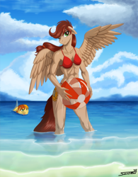 Size: 1280x1639 | Tagged: safe, artist:sa1ntmax, imported from derpibooru, oc, oc:ayri, oc:wit ray, anthro, earth pony, pegasus, unguligrade anthro, abs, aside glance, beach, beach ball, belly button, bikini, breasts, clothes, cloud, earth pony oc, eyelashes, female, looking at you, muscles, muscular female, ocean, one eye closed, outdoors, pegasus oc, ponytail, shark fin, smiling, standing, summer, swimming, swimsuit, tail, water, wings