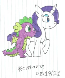 Size: 964x1148 | Tagged: safe, artist:cmara, imported from derpibooru, rarity, spike, dragon, female, male, shipping, sparity, straight, traditional art, winged spike, wings