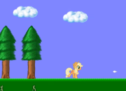 Size: 498x362 | Tagged: safe, artist:hedgehogself, imported from derpibooru, applejack, earth pony, pony, applejack's hat, cloud, cowboy hat, creepypasta, female, game, grass, hat, implied twilight sparkle, magic, mare, moments before disaster, sky, tree, walking, youtube link