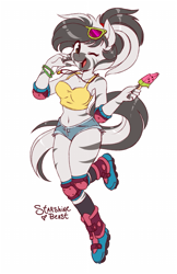 Size: 647x1000 | Tagged: safe, artist:starshinebeast, imported from derpibooru, oc, oc only, oc:kinyua, anthro, zebra, breasts, cute, food, herbivore, ice cream, ocbetes, roller skates, simple background, solo, sunglasses, watermelon, white background, zebra oc