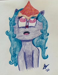 Size: 3024x3921 | Tagged: safe, artist:jesslmc16, imported from derpibooru, izzy moonbow, pony, unicorn, spoiler:my little pony: make your mark, colored pencil drawing, fanart, food, g5, my little pony: make your mark, pizza, solo, traditional art