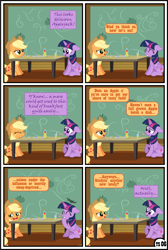 Size: 3255x4838 | Tagged: safe, artist:gutovi, imported from derpibooru, applejack, twilight sparkle, alicorn, earth pony, pony, unicorn, comic:why me!?, alternate ending, apple, apple juice, comic, cooking, female, food, hat, high res, juice, lesbian, mare, shipping, show accurate, sweet apple acres, table, twijack, twilight sparkle (alicorn)