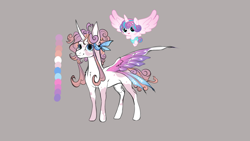 Size: 3264x1836 | Tagged: safe, artist:lucythunderforth, imported from derpibooru, princess flurry heart, alicorn, pony, color palette, duality, female, flying, gray background, high res, looking at you, open mouth, open smile, redesign, simple background, smiling, smiling at you, solo, spread wings, wings