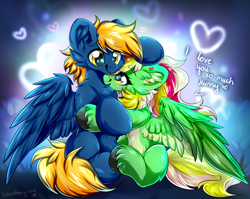 Size: 2244x1785 | Tagged: safe, artist:woonborg, imported from derpibooru, oc, oc only, oc:docvolt, oc:gumdrops, pegasus, chest fluff, ear fluff, ear piercing, earring, hug, jewelry, piercing