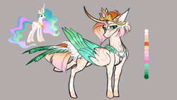 Size: 3264x1836 | Tagged: safe, artist:lucythunderforth, imported from derpibooru, princess celestia, alicorn, brown background, color palette, crown, horn, jewelry, redesign, regalia, simple background, solo, wings