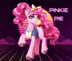 Size: 2000x1686 | Tagged: safe, artist:_ladybanshee_, imported from derpibooru, pinkie pie, earth pony, pony, 80's fashion, 80s, 80s hair, alternate hairstyle, badass, bubblegum, chest fluff, clothes, ear fluff, female, food, gum, hairband, hooves, jewelry, makeup, mare, necklace, ponytail, shirt, solo, unshorn fetlocks, vest