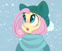 Size: 1200x984 | Tagged: safe, artist:melodylibris, imported from derpibooru, fluttershy, pegasus, pony, blushing, breath, bust, clothes, cute, female, hat, mare, open mouth, scarf, shyabetes, snow, snowfall, solo