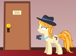 Size: 409x303 | Tagged: safe, artist:jan, imported from derpibooru, press pass, press release (character), earth pony, pony, vocational death cruise, camera, door, doorknob, female, film reel, frown, hat, hotel, hotel room, mare, unamused, youtube link
