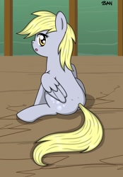 Size: 1416x2039 | Tagged: safe, artist:banquo0, imported from derpibooru, derpy hooves, pegasus, pony, the last roundup, butt, female, iron plot, open mouth, plot, scene interpretation, sitting, solo, this will end in splinters