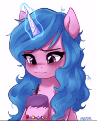 Size: 720x900 | Tagged: safe, alternate version, artist:maren, imported from derpibooru, izzy moonbow, pony, unicorn, animated, blushing, bow (instrument), bracelet, bust, colored hooves, cute, eyebrows, eyebrows visible through hair, funny, g5, horn, izzy moodbow, izzybetes, jewelry, magic, magic aura, messy mane, musical instrument, reference, simple background, small, sound, spongebob reference, spongebob squarepants, squilliam returns, telekinesis, tired, violin, violin bow, webm, white background, world's smallest violin