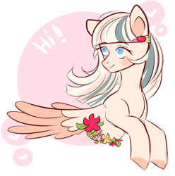 Size: 1280x1292 | Tagged: safe, artist:nikachyy, imported from derpibooru, oc, oc only, pegasus, pony, bust, colored wings, eyelashes, female, flower, mare, pegasus oc, smiling, solo, two toned wings, wings