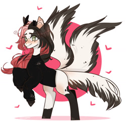 Size: 1280x1233 | Tagged: safe, artist:nikachyy, imported from derpibooru, oc, oc only, original species, pony, abstract background, blushing, clothes, eyelashes, female, heart, kitsune, kitsune pony, mare, multiple tails, rearing, simple background, smiling, solo, tail, white background