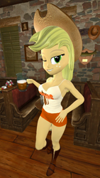 Size: 900x1600 | Tagged: safe, artist:oatmeal!, imported from derpibooru, applejack, human, equestria girls, 3d, alcohol, beer, big breasts, boots, breasts, busty applejack, clothes, cowboy boots, cowboy hat, gmod, grin, hand on hip, hat, hooters, huge breasts, looking at you, one eye closed, restaurant, sexy, shoes, shorts, smiling, solo, tanktop, waitress, wide hips, wink, winking at you