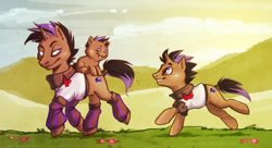 Size: 2092x1136 | Tagged: safe, artist:fukari, imported from derpibooru, oc, oc only, pony, unicorn, baby, baby pony, clothes, grin, horn, leg warmers, male, oc riding oc, outdoors, ponies riding ponies, riding, running, smiling, stallion, unicorn oc