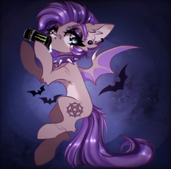 Size: 2181x2160 | Tagged: safe, artist:drakekok, imported from derpibooru, oc, oc only, oc:poisoned calluna, bat, bat pony, pony, chest fluff, collar, drinking, ear fluff, ear piercing, eyebrow piercing, female, monster energy, piercing, solo, spiked collar