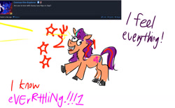 Size: 1280x788 | Tagged: safe, artist:horsesplease, imported from derpibooru, sunny starscout, twilight sparkle, series:ask failblazer, ask, curse, cursed, derp, eye beams, g5, highlander, implied sunnyhitch, implied twilight sparkle, insanity, laughing, laughing mad, sunny and her heroine, that magic was not yours to give, twilight's curse