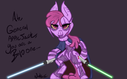 Size: 1920x1200 | Tagged: safe, artist:nootaz, imported from derpibooru, berry punch, berryshine, clothes, general grievous, lightsaber, simple background, solo, star wars, text, weapon