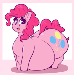 Size: 1503x1521 | Tagged: safe, artist:graphenescloset, imported from derpibooru, pinkie pie, earth pony, pony, abstract background, adorafatty, balloonbutt, belly, belly on floor, big belly, butt, cute, diapinkes, fat, female, happy, huge belly, large butt, looking at you, mare, obese, open mouth, open smile, piggy pie, plot, pudgy pie, smiling, solo, the ass was fat