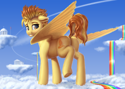 Size: 4093x2894 | Tagged: safe, alternate version, artist:koshakevich, imported from derpibooru, spitfire, pegasus, pony, butt, cloud, dock, female, firebutt, frog (hoof), grin, looking at you, looking back, looking back at you, mare, plot, rainbow, rainbow waterfall, raised hoof, smiling, solo, tail, underhoof