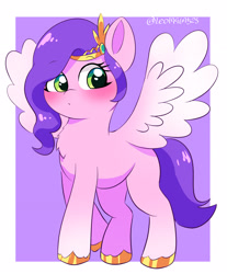 Size: 2376x2871 | Tagged: safe, artist:leo19969525, imported from derpibooru, pipp petals, pegasus, pony, adorapipp, blushing, chest fluff, colored hooves, colored wings, crown, cute, feathered wings, female, g5, gold hooves, gradient wings, green eyes, hair, hooves, jewelry, my little pony: a new generation, passepartout, pegasus wings, regalia, simple background, solo, spread wings, tail, wings