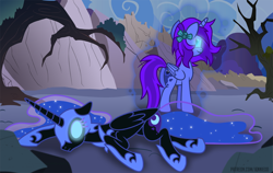 Size: 1200x756 | Tagged: safe, artist:jennieoo, imported from derpibooru, nightmare moon, oc, oc:aliss, alicorn, pony, alicorn oc, defeated, glowing, glowing eyes, horn, possessed, show accurate, vector, wings