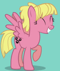 Size: 256x304 | Tagged: safe, imported from derpibooru, oc, oc only, oc:sweetie bloom, pegasus, pony, cute, eyes closed, female, mare, ocbetes, raised hoof, smiling, spread wings, wings, youtube link