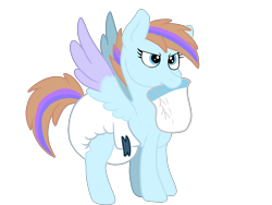 Size: 7000x5250 | Tagged: safe, artist:chewy-tartz, artist:fluffernutters16, imported from derpibooru, oc, oc only, oc:bittersweet, pegasus, pony, abdl, absurd resolution, adult foal, colored wings, diaper, diaper change, diaper fetish, female, fetish, frown, mare, mouth hold, non-baby in diaper, pegasus oc, poofy diaper, short mane, simple background, solo, spread wings, transparent background, two toned wings, wings