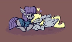 Size: 4000x2344 | Tagged: safe, artist:galaxysquid, imported from derpibooru, derpy hooves, maud pie, earth pony, pegasus, pony, crack shipping, cuddling, derpmaud, eyes closed, female, heart, lesbian, lying down, shipping