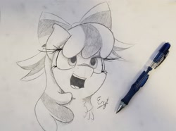 Size: 1521x1129 | Tagged: safe, artist:engi, imported from derpibooru, cheerilee, earth pony, pony, bow, bust, female, happy, looking at you, monochrome, open mouth, open smile, pencil, pencil drawing, photo, signature, smiling, smiling at you, solo, traditional art