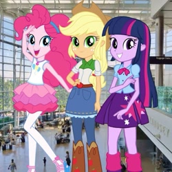 Size: 539x539 | Tagged: safe, imported from derpibooru, applejack, pinkie pie, twilight sparkle, human, equestria girls, equestria girls series, clothes, female, grin, jeans, looking at you, pants, pantyhose, real life background, smiling, trio