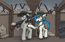 Size: 2046x1322 | Tagged: safe, artist:reddthebat, imported from derpibooru, cheerilee, dj pon-3, octavia melody, vinyl scratch, earth pony, pony, unicorn, barbed wire, chest fluff, duo, ear fluff, female, gun, helmet, implied death, lewis gun, light machine gun, mare, mud, trench, trench warfare, war, weapon, whistle, world war i