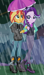 Size: 1024x1745 | Tagged: safe, artist:emeraldblast63, imported from derpibooru, starlight glimmer, sunset shimmer, human, equestria girls, boots, clothes, cutie mark on clothes, duo, duo female, female, rain, shoes, umbrella