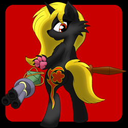 Size: 1024x1024 | Tagged: safe, artist:kelvin shadewing, imported from derpibooru, oc, oc:melinda kvernbitt, wolf, wolf pony, bipedal, butt, female, game:sulphur nimbus, gun, looking at you, looking back, looking back at you, mare, paw pads, paws, plot, standing on two hooves, sword, toe beans, underpaw, weapon