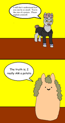 Size: 375x704 | Tagged: safe, anonymous artist, oc, oc:tuesday, oc:twosday, pony, unicorn, /mlp/, 4chan, colored, dialogue, drawthread, duo, image, meme, png, ponified meme, potato pony, simple background, wat, weekday ponies