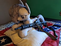 Size: 2048x1536 | Tagged: safe, artist:blackwater627, imported from ponybooru, marble pie, bed, confederate flag, eotech, gun, irl, photo, pillow, plushie, rifle, weapon